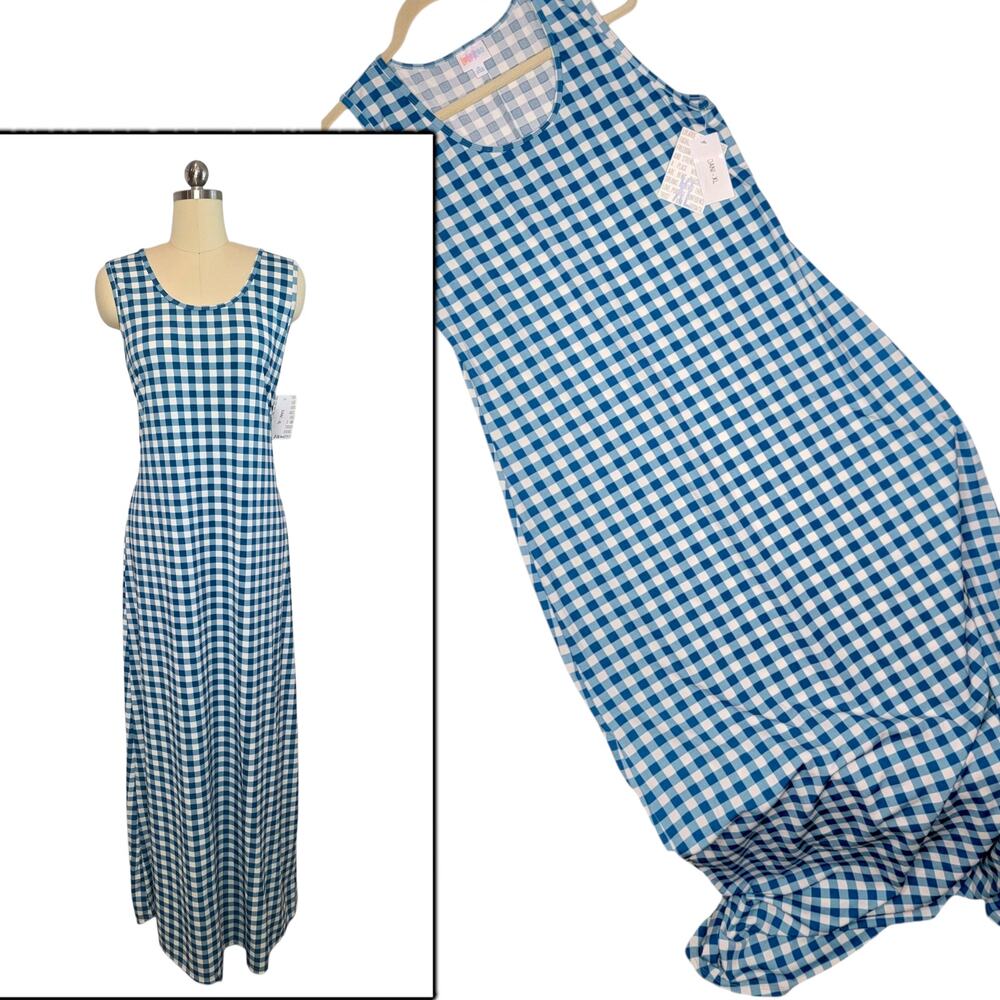 LuLaRoe Dani Tank Dress XL Blue White Gingham Scuba Maxi Summer Picnic Retro